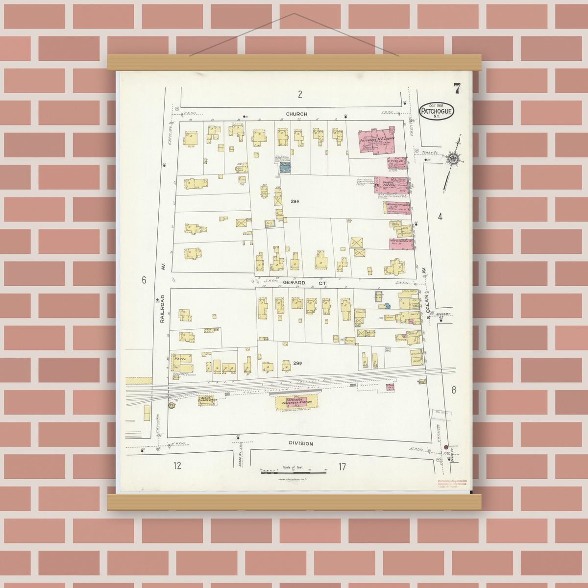 Old map wall art mockup — magnetic wood frame on brick wall — Sanborn Fire Insurance Map from Patchogue, Suffolk County, New York (1916), Sheet #0007