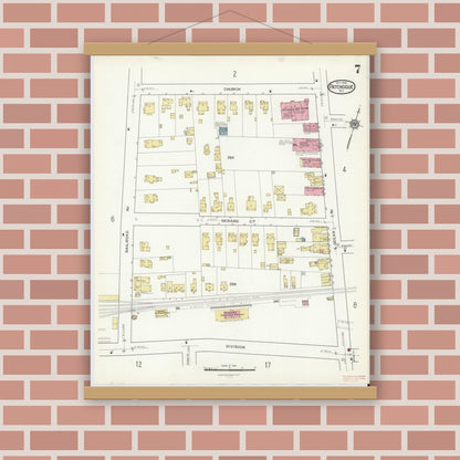 Old map wall art mockup — magnetic wood frame on brick wall — Sanborn Fire Insurance Map from Patchogue, Suffolk County, New York (1916), Sheet #0007