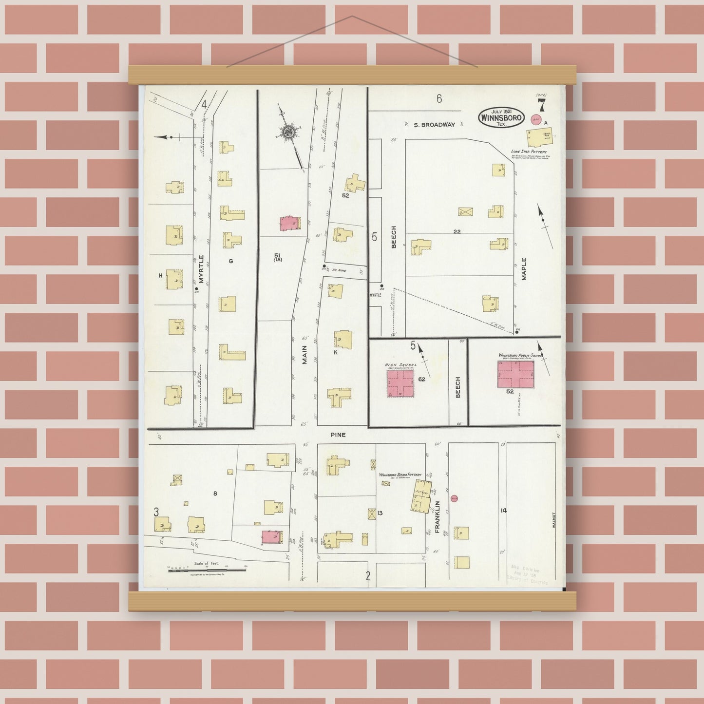 Old map wall art mockup — magnetic wood frame on brick wall — Sanborn Fire Insurance Map from Winnsboro, Wood County, Texas (1921), Sheet #0007