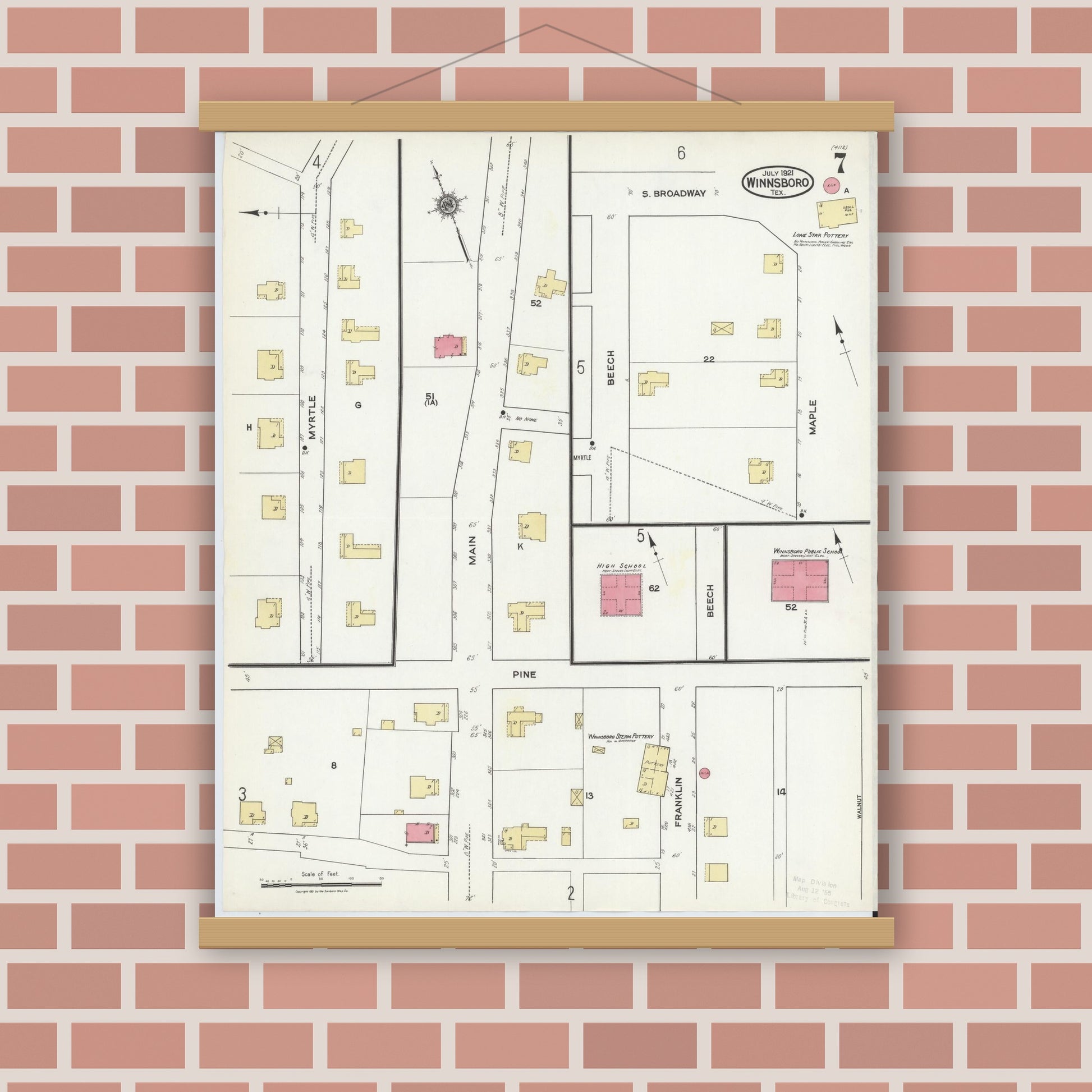 Old map wall art mockup — magnetic wood frame on brick wall — Sanborn Fire Insurance Map from Winnsboro, Wood County, Texas (1921), Sheet #0007