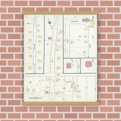 Old map wall art mockup — magnetic wood frame on brick wall — Sanborn Fire Insurance Map from Winnsboro, Wood County, Texas (1921), Sheet #0007