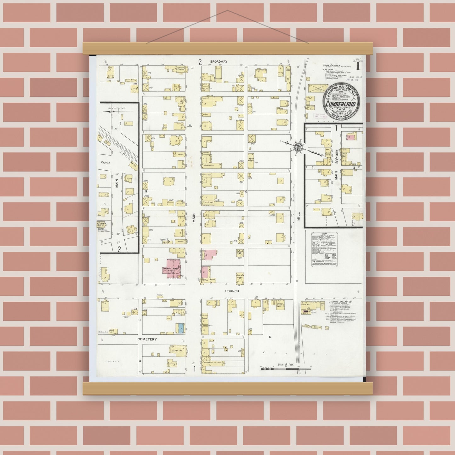 Old map wall art mockup — magnetic wood frame on brick wall — Sanborn Fire Insurance Map from Cumberland, Guernsey County, Ohio (1911) - Complete Map Set