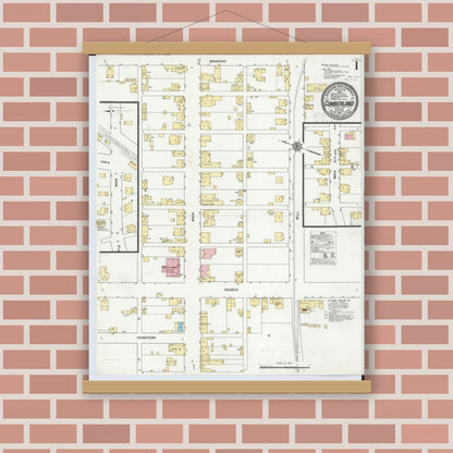 Old map wall art mockup — magnetic wood frame on brick wall — Sanborn Fire Insurance Map from Cumberland, Guernsey County, Ohio (1911) - Complete Map Set