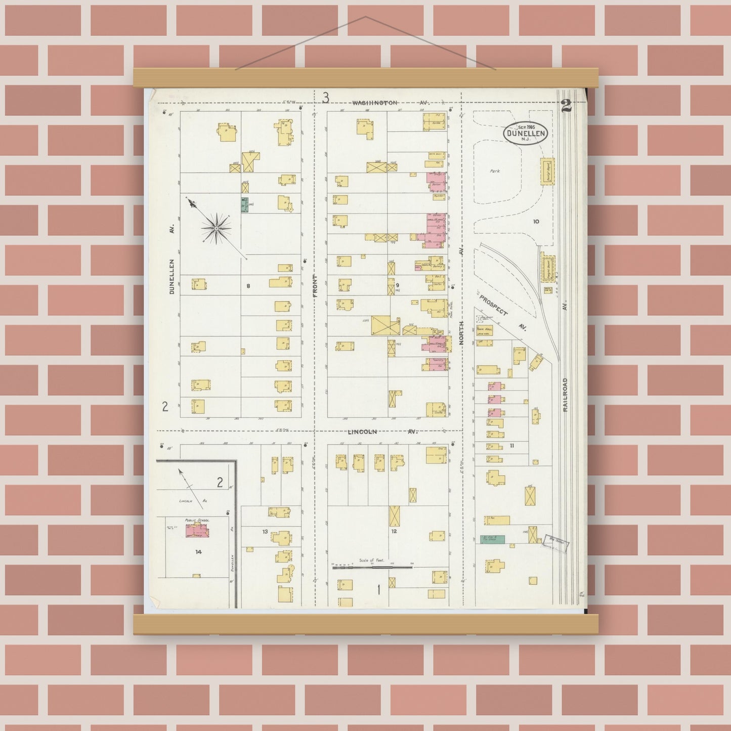 Old map wall art mockup — magnetic wood frame on brick wall — Sanborn Fire Insurance Map from Dunellen, Middlesex County, New Jersey (1905), Sheet #0002