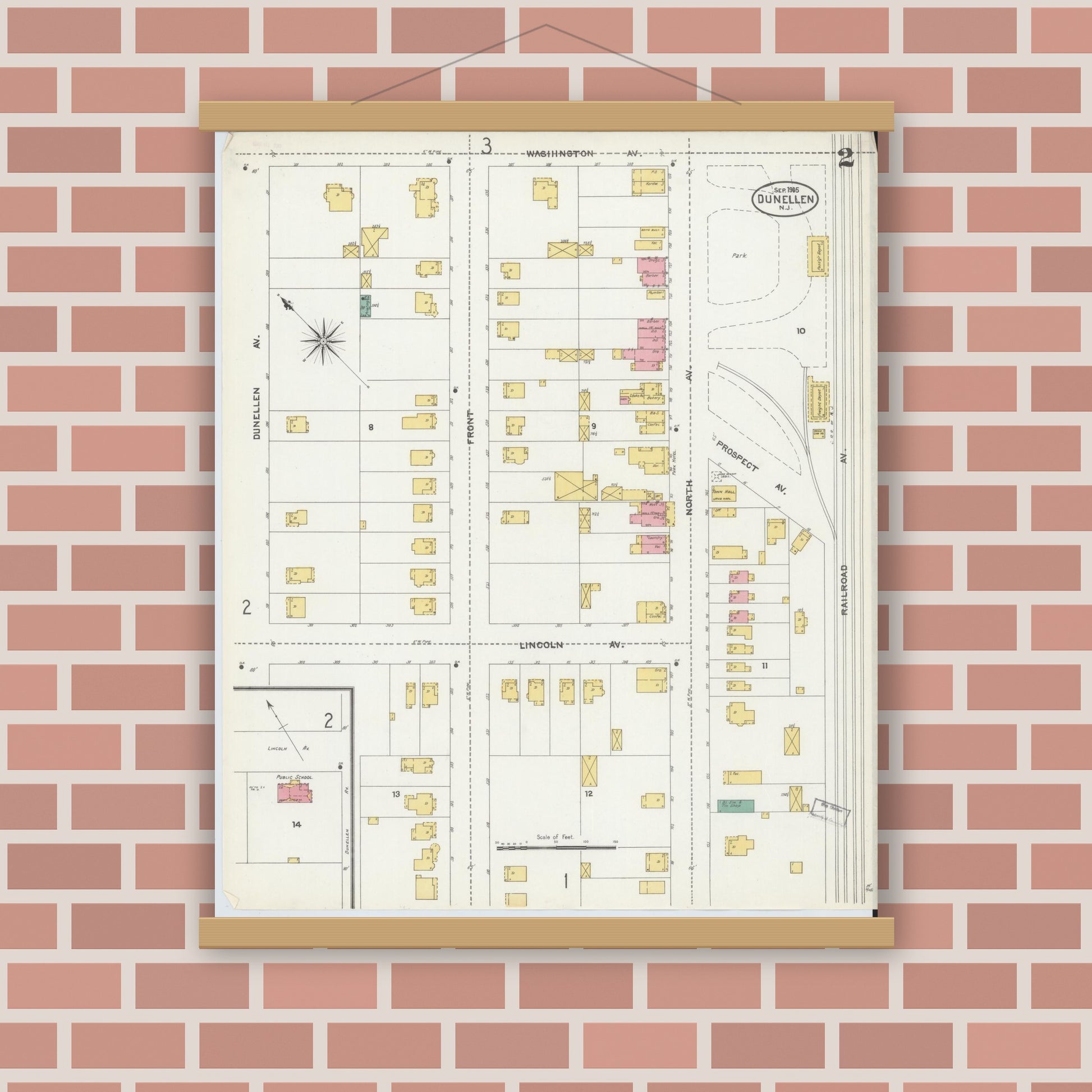 Old map wall art mockup — magnetic wood frame on brick wall — Sanborn Fire Insurance Map from Dunellen, Middlesex County, New Jersey (1905), Sheet #0002