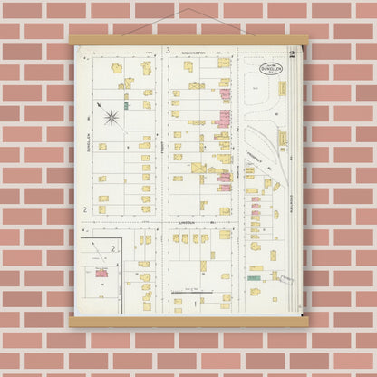 Old map wall art mockup — magnetic wood frame on brick wall — Sanborn Fire Insurance Map from Dunellen, Middlesex County, New Jersey (1905), Sheet #0002