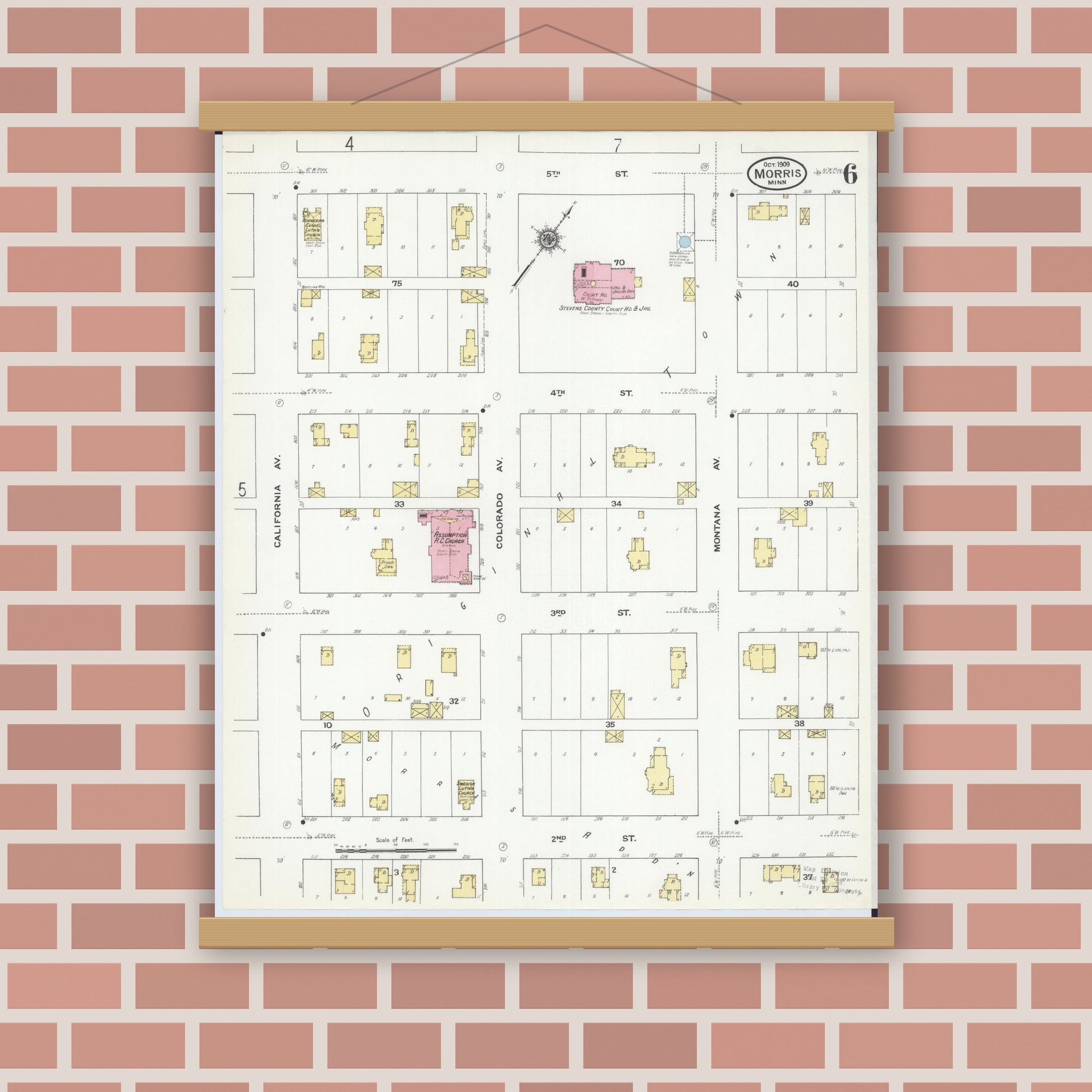 Old map wall art mockup — magnetic wood frame on brick wall — Sanborn Fire Insurance Map from Morris, Stevens County, Minnesota (1909), Sheet #0006