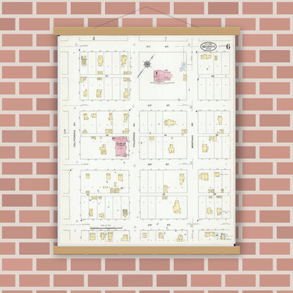 Old map wall art mockup — magnetic wood frame on brick wall — Sanborn Fire Insurance Map from Morris, Stevens County, Minnesota (1909), Sheet #0006