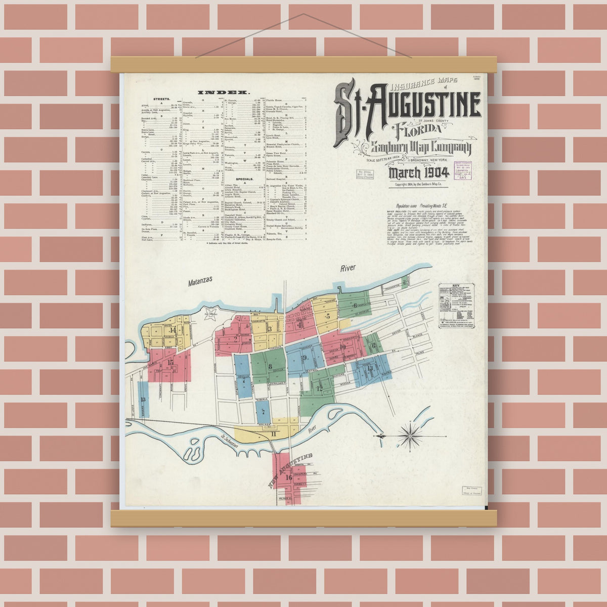 Old map wall art mockup — magnetic wood frame on brick wall — Sanborn Fire Insurance Map from Saint Augustine, Saint John's County, Florida (1904) - Complete Map Set