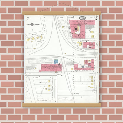 Old map wall art mockup — magnetic wood frame on brick wall — Sanborn Fire Insurance Map from Sturgis, Saint Joseph County, Michigan (1923), Sheet #0007