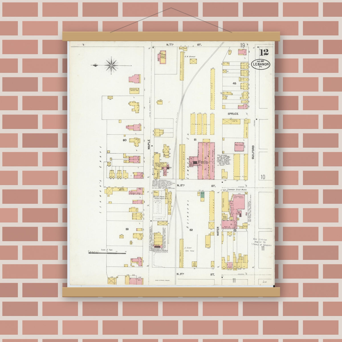 Old map wall art mockup — magnetic wood frame on brick wall — Sanborn Fire Insurance Map from Lebanon, Lebanon County, Pennsylvania (1902), Sheet #0012