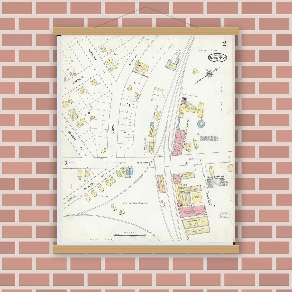 Old map wall art mockup — magnetic wood frame on brick wall — Sanborn Fire Insurance Map from Beaver Dam, Dodge County, Wisconsin (1914), Sheet #0002