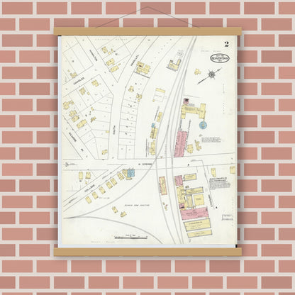 Old map wall art mockup — magnetic wood frame on brick wall — Sanborn Fire Insurance Map from Beaver Dam, Dodge County, Wisconsin (1914), Sheet #0002
