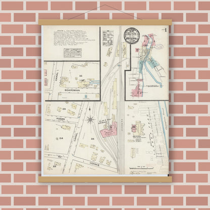 Old map wall art mockup — magnetic wood frame on brick wall — Sanborn Fire Insurance Map from Whitehall, Washington County, New York (1884), Sheet #0001