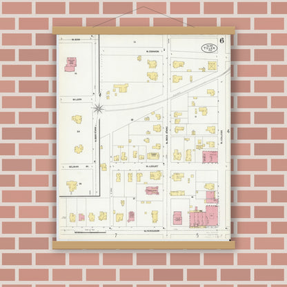 Old map wall art mockup — magnetic wood frame on brick wall — Sanborn Fire Insurance Map from Tyler, Smith County, Texas (1902), Sheet #0006