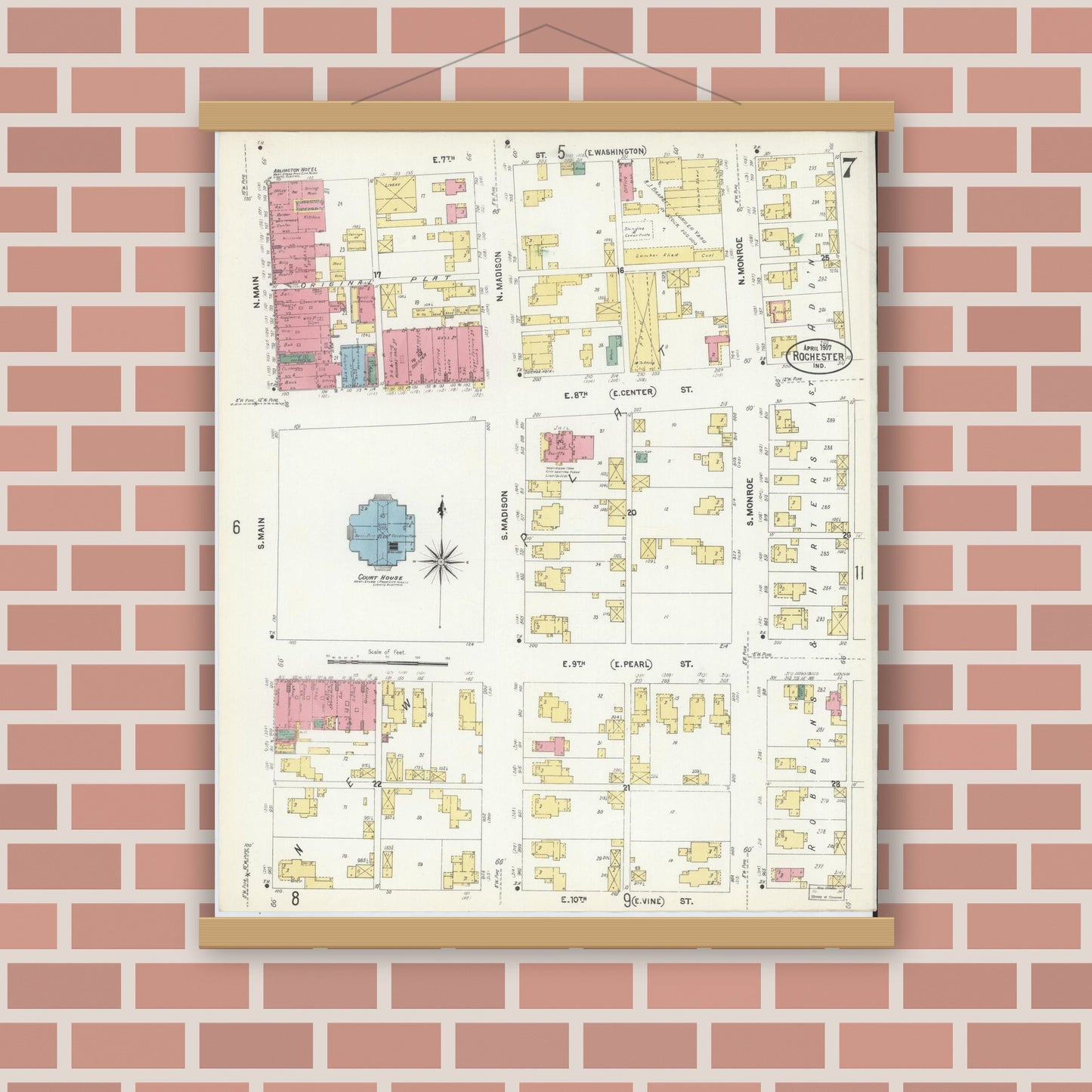 Old map wall art mockup — magnetic wood frame on brick wall — Sanborn Fire Insurance Map from Rochester, Fulton County, Indiana (1907), Sheet #0007