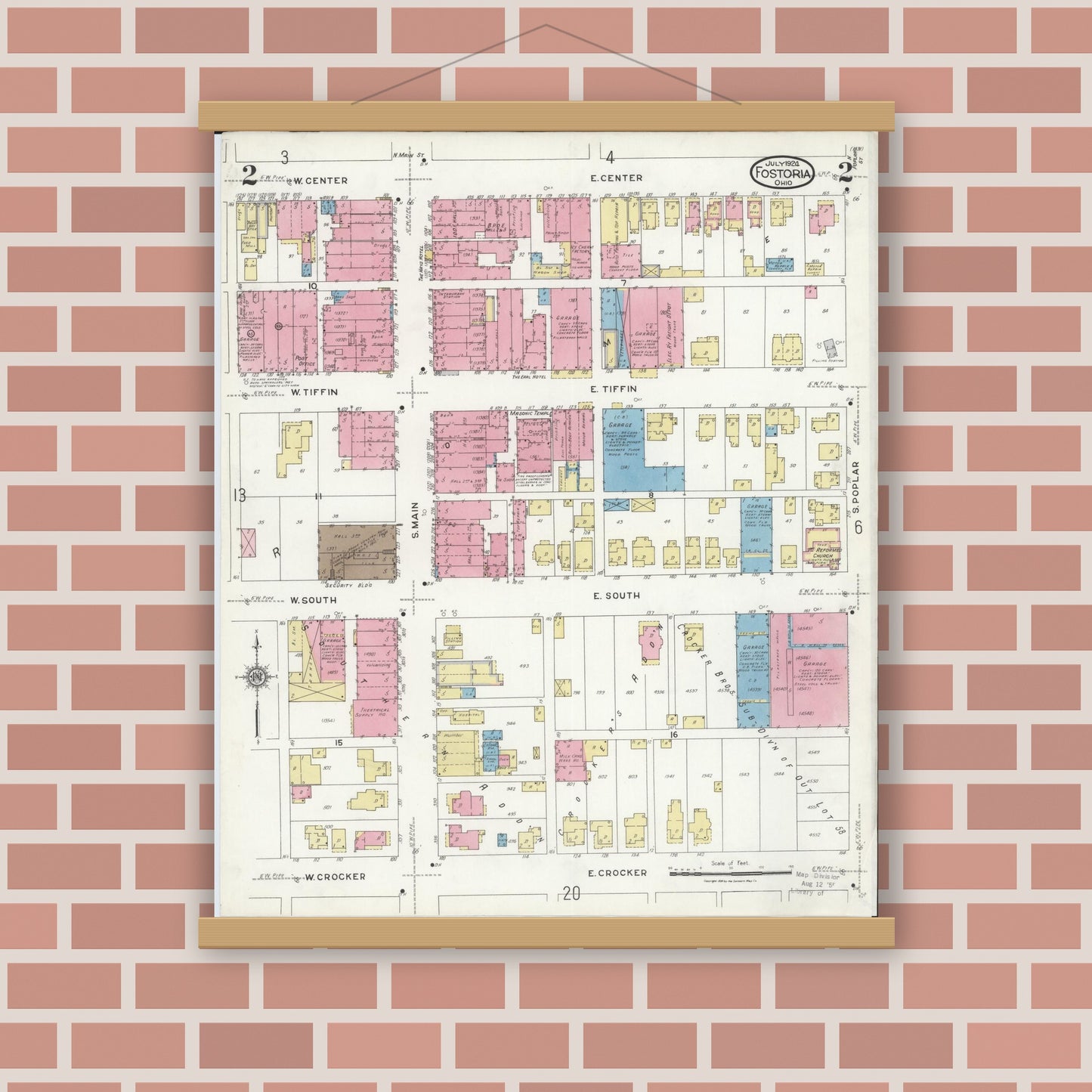 Old map wall art mockup — magnetic wood frame on brick wall — Sanborn Fire Insurance Map from Fostoria, Seneca, Hancock, And Wood Counties, Ohio (1924), Sheet #0002