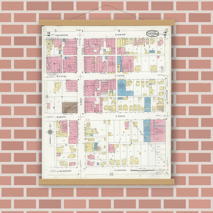 Old map wall art mockup — magnetic wood frame on brick wall — Sanborn Fire Insurance Map from Fostoria, Seneca, Hancock, And Wood Counties, Ohio (1924), Sheet #0002