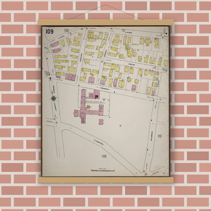 Old map wall art mockup — magnetic wood frame on brick wall — Sanborn Fire Insurance Map from Worcester, Worcester County, Massachusetts (1910), Sheet #0109