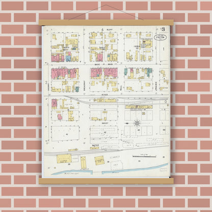 Old map wall art mockup — magnetic wood frame on brick wall — Sanborn Fire Insurance Map from Fulton, Whiteside County, Illinois (1903), Sheet #0003