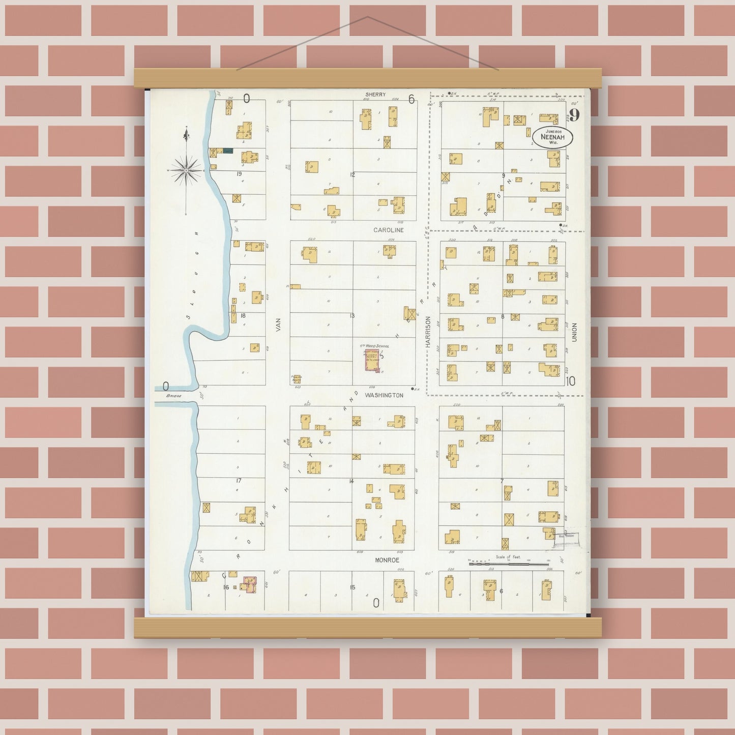 Old map wall art mockup — magnetic wood frame on brick wall — Sanborn Fire Insurance Map from Neenah, Winnebago County, Wisconsin (1906), Sheet #0009