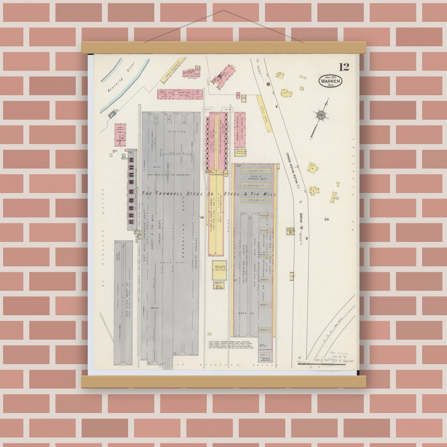 Old map wall art mockup — magnetic wood frame on brick wall — Sanborn Fire Insurance Map from Warren, Trumbull County, Ohio (1915), Sheet #0012