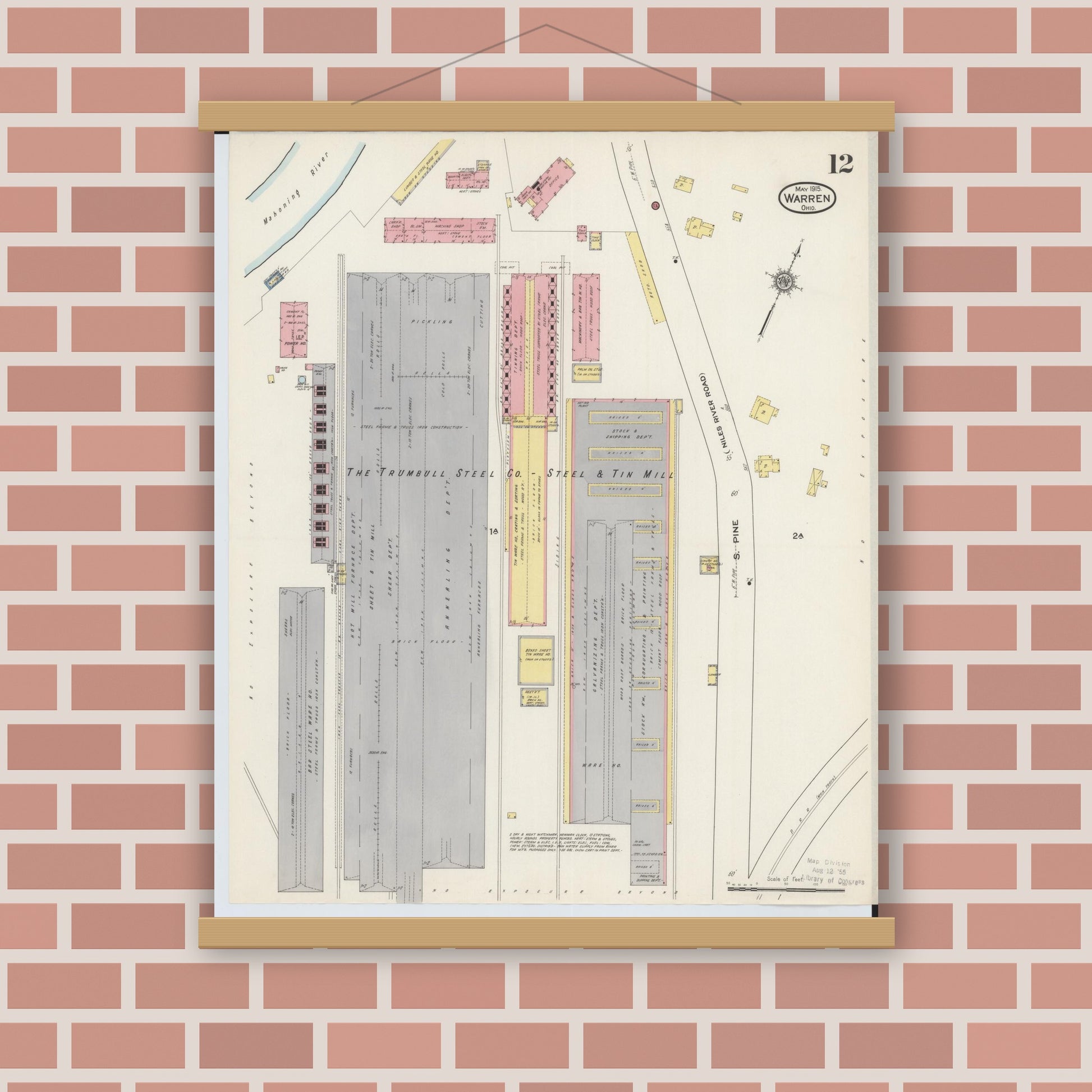Old map wall art mockup — magnetic wood frame on brick wall — Sanborn Fire Insurance Map from Warren, Trumbull County, Ohio (1915), Sheet #0012