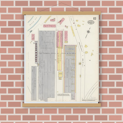 Old map wall art mockup — magnetic wood frame on brick wall — Sanborn Fire Insurance Map from Warren, Trumbull County, Ohio (1915), Sheet #0012