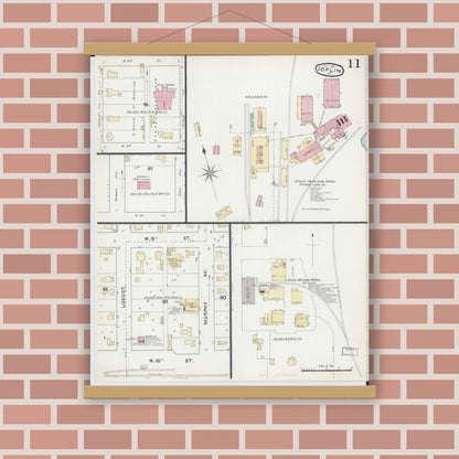 Old map wall art mockup — magnetic wood frame on brick wall — Sanborn Fire Insurance Map from Joplin, Jasper County, Missouri (1891), Sheet #0011