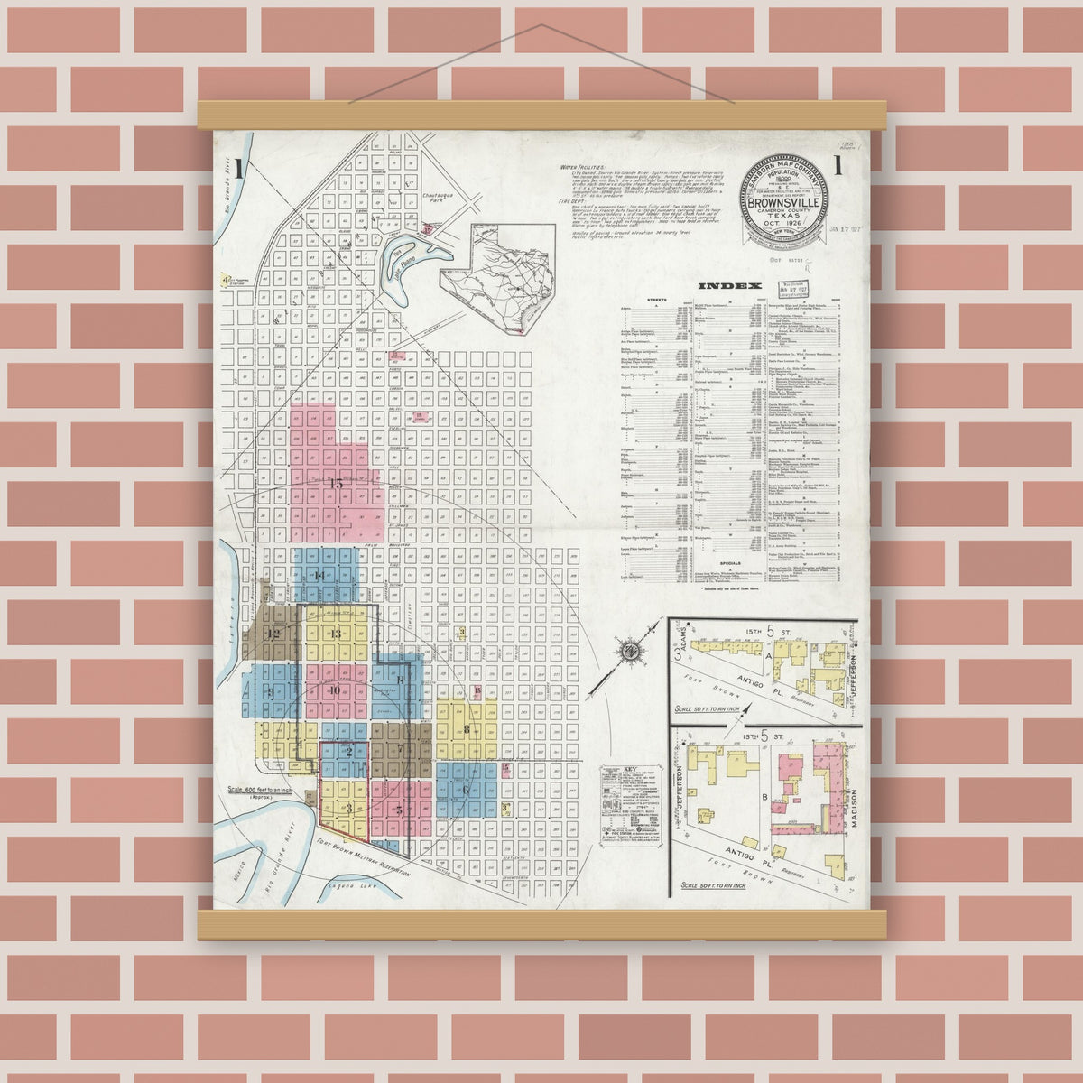 Old map wall art mockup — magnetic wood frame on brick wall — Sanborn Fire Insurance Map from Brownsville, Cameron County, Texas (1926) - Complete Map Set