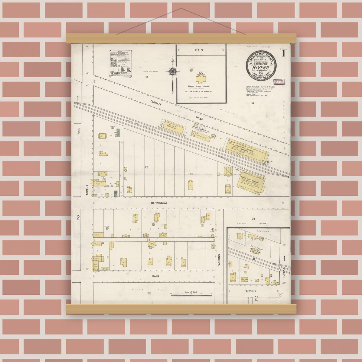 Old map wall art mockup — magnetic wood frame on brick wall — Sanborn Fire Insurance Map from Rivera, Los Angeles County, California (1910) - Complete Map Set
