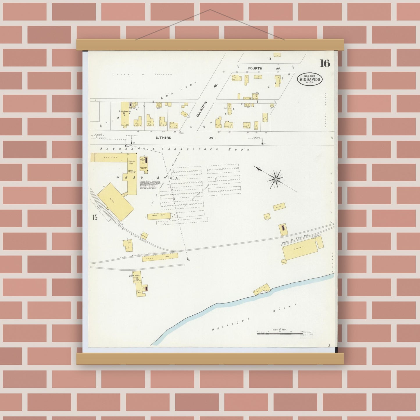 Old map wall art mockup — magnetic wood frame on brick wall — Sanborn Fire Insurance Map from Big Rapids, Mecosta County, Michigan (1908), Sheet #0016