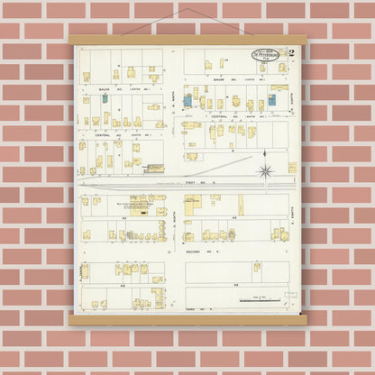 Old map wall art mockup — magnetic wood frame on brick wall — Sanborn Fire Insurance Map from Saint Petersburg, Pinellas County, Florida (1908), Sheet #0002