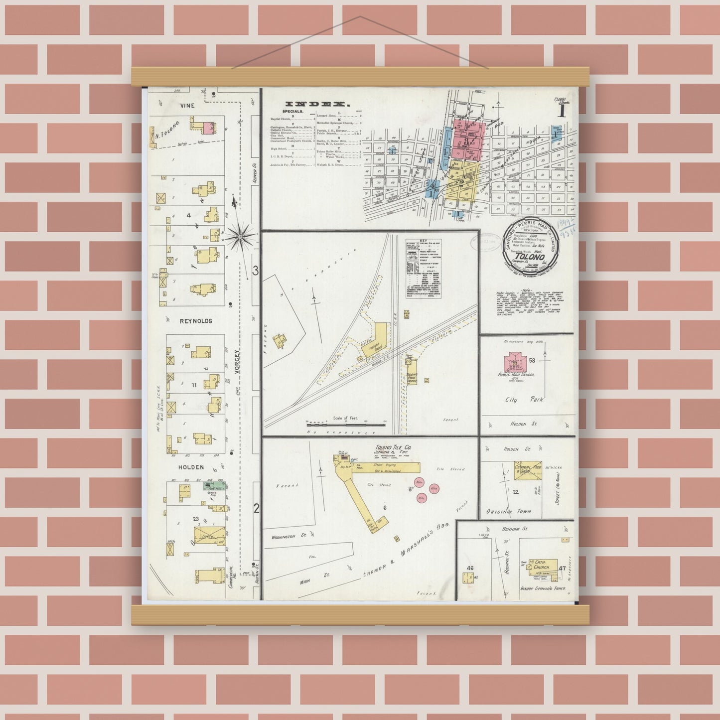 Old map wall art mockup — magnetic wood frame on brick wall — Sanborn Fire Insurance Map from Tolono, Champaign County, Illinois (1898), Sheet #0001