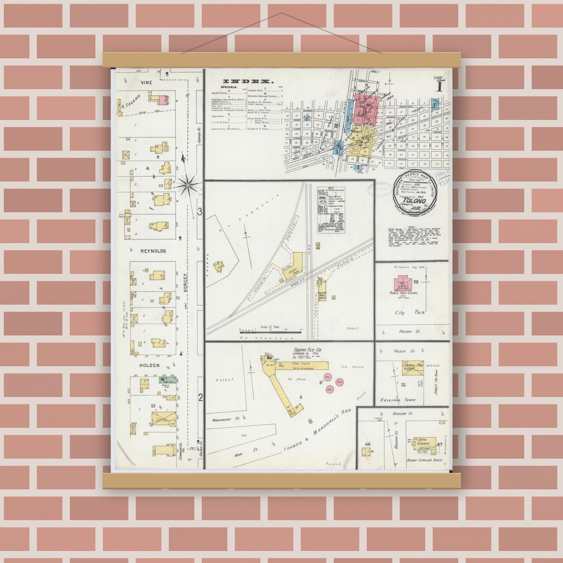 Old map wall art mockup — magnetic wood frame on brick wall — Sanborn Fire Insurance Map from Tolono, Champaign County, Illinois (1898), Sheet #0001