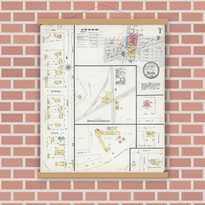 Old map wall art mockup — magnetic wood frame on brick wall — Sanborn Fire Insurance Map from Tolono, Champaign County, Illinois (1898), Sheet #0001