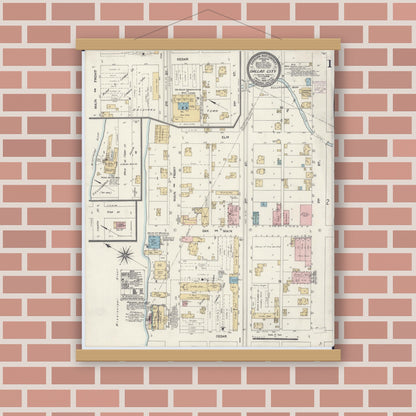 Old map wall art mockup — magnetic wood frame on brick wall — Sanborn Fire Insurance Map from Dallas City, Hancock County, Illinois (1906) - Complete Map Set