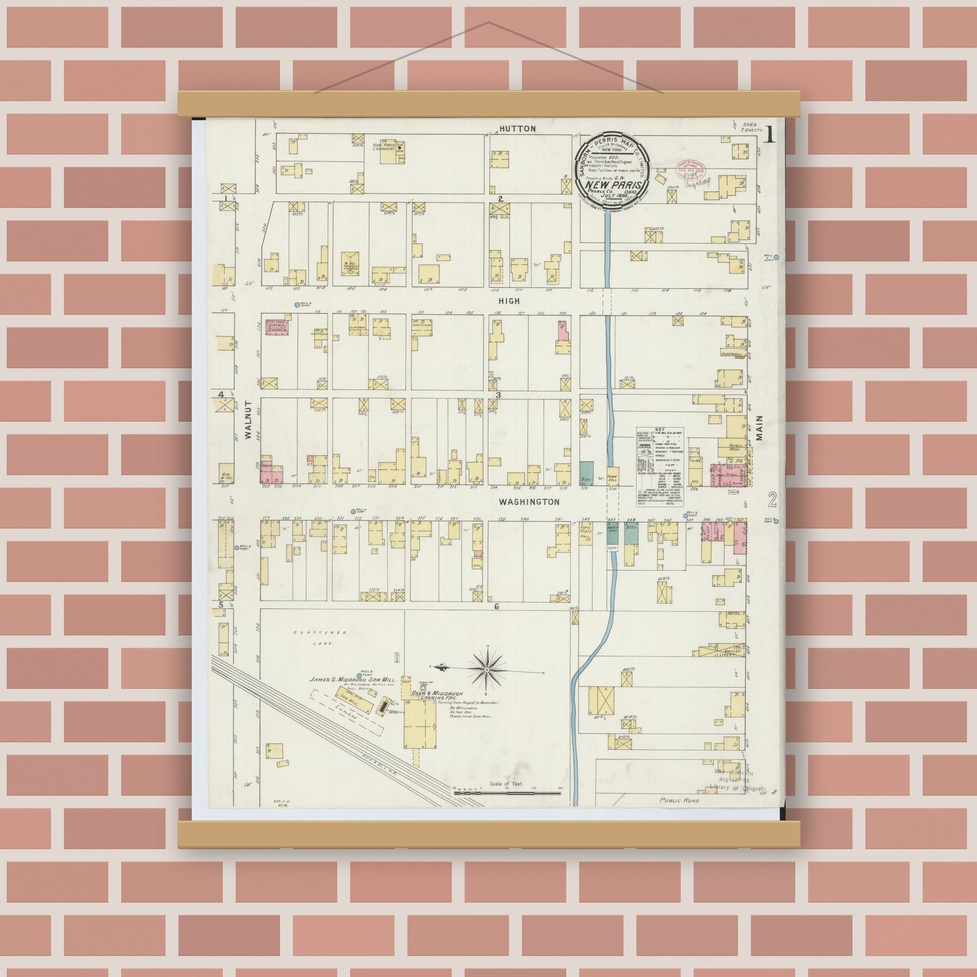 Old map wall art mockup — magnetic wood frame on brick wall — Sanborn Fire Insurance Map from New Paris, Preble County, Ohio (1895), Sheet #0001