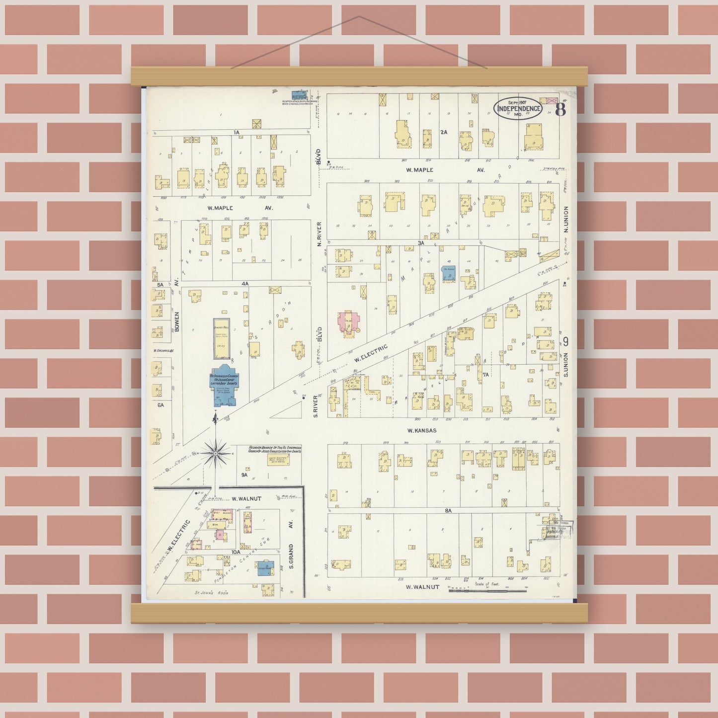 Old map wall art mockup — magnetic wood frame on brick wall — Sanborn Fire Insurance Map from Independence, Jackson County, Missouri (1907), Sheet #0008