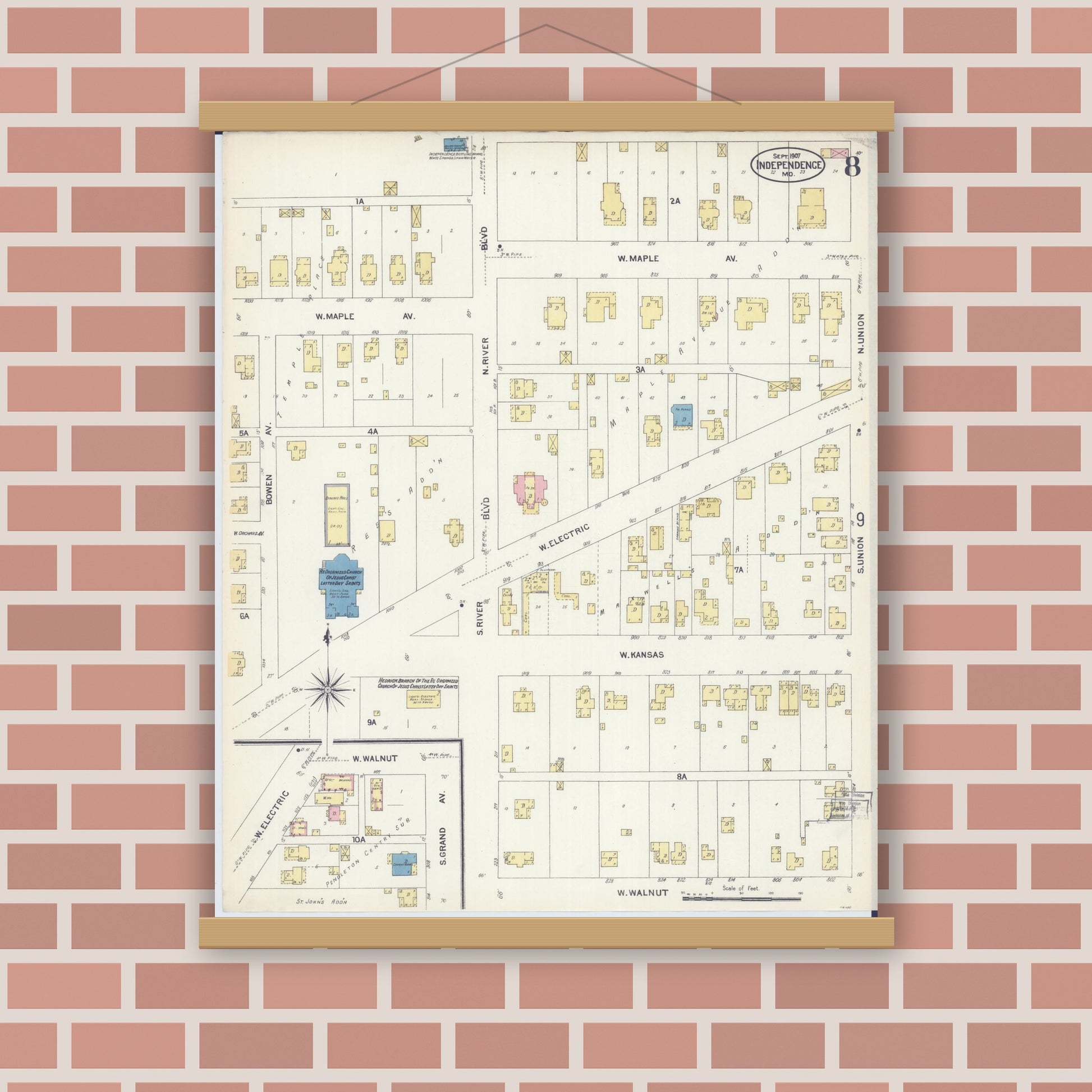 Old map wall art mockup — magnetic wood frame on brick wall — Sanborn Fire Insurance Map from Independence, Jackson County, Missouri (1907), Sheet #0008