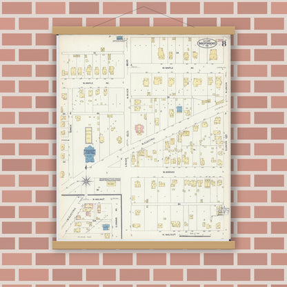 Old map wall art mockup — magnetic wood frame on brick wall — Sanborn Fire Insurance Map from Independence, Jackson County, Missouri (1907), Sheet #0008