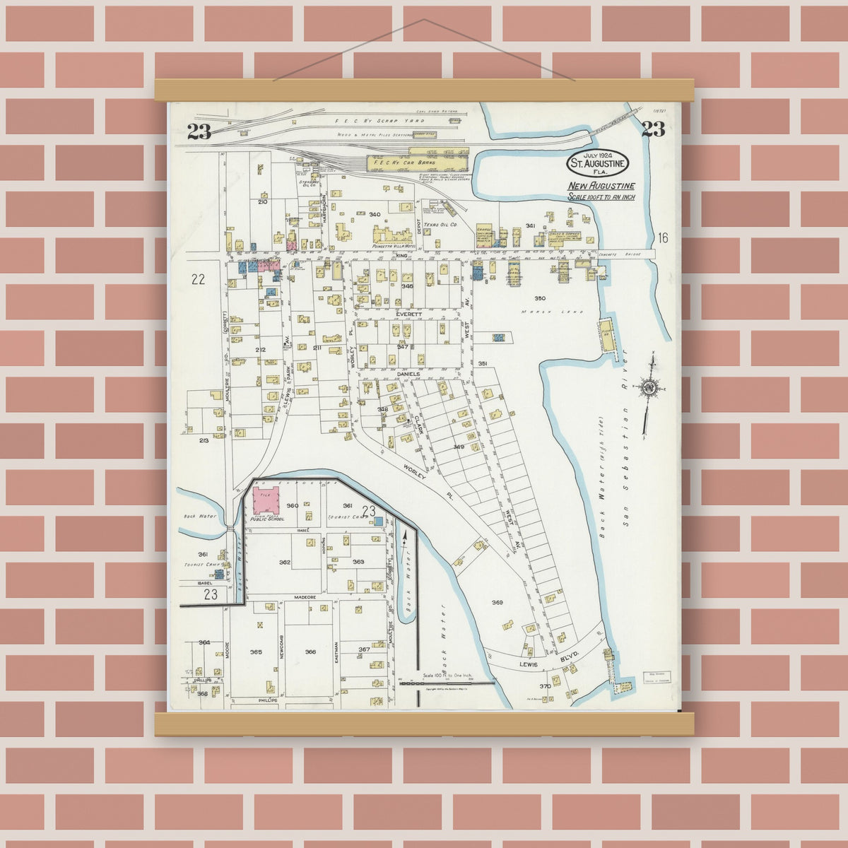 Old map wall art mockup — magnetic wood frame on brick wall — Sanborn Fire Insurance Map from Saint Augustine, Saint John's County, Florida (1924), Sheet #0023