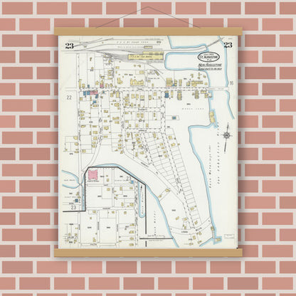 Old map wall art mockup — magnetic wood frame on brick wall — Sanborn Fire Insurance Map from Saint Augustine, Saint John's County, Florida (1924), Sheet #0023