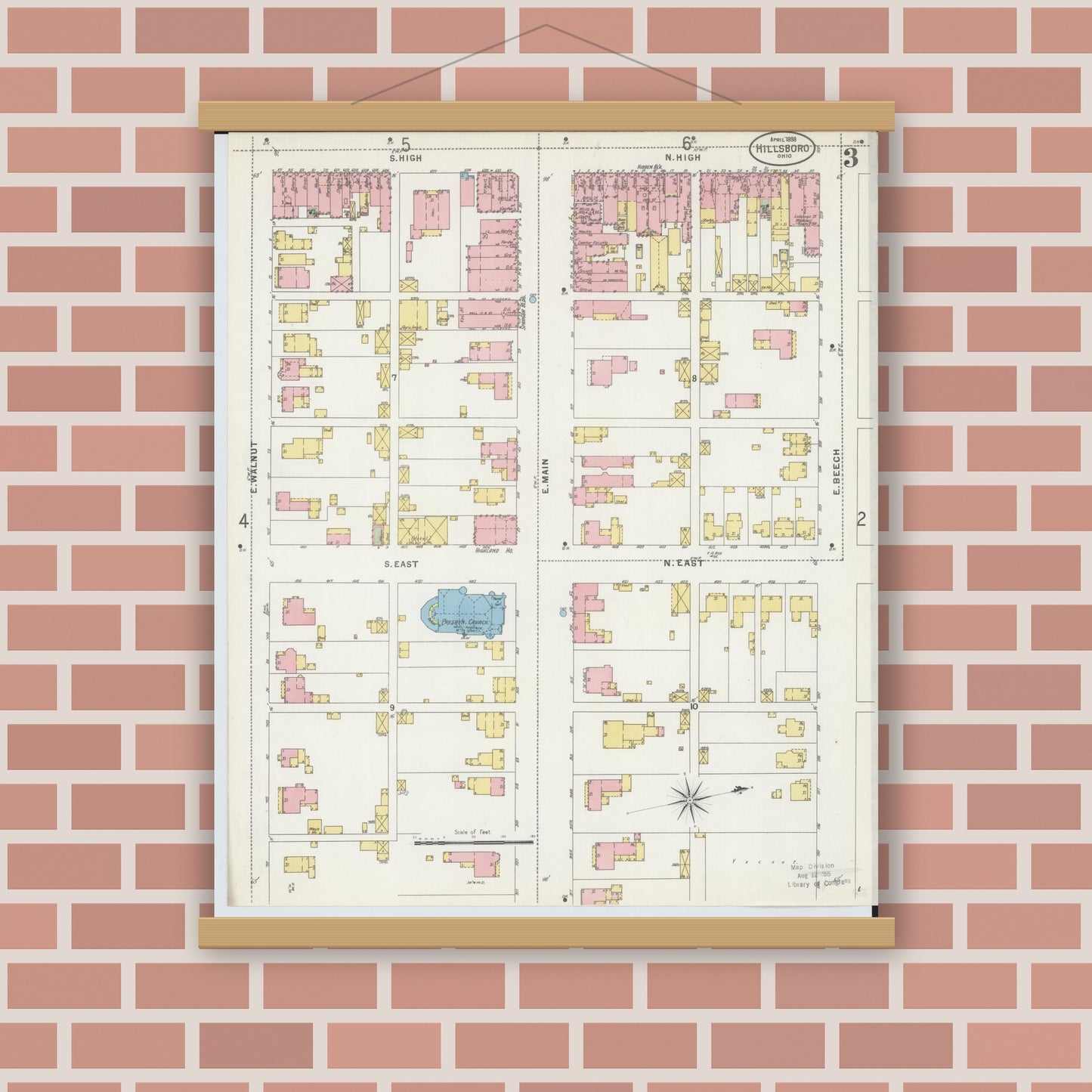 Old map wall art mockup — magnetic wood frame on brick wall — Sanborn Fire Insurance Map from Hillsboro, Highland County, Ohio (1898), Sheet #0003