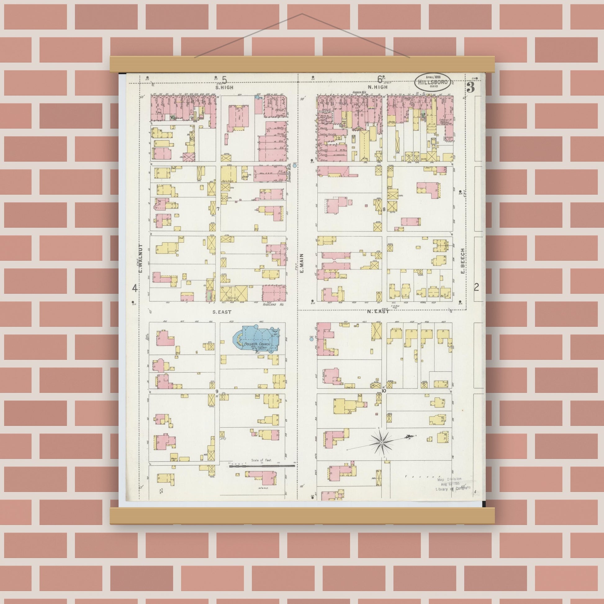 Old map wall art mockup — magnetic wood frame on brick wall — Sanborn Fire Insurance Map from Hillsboro, Highland County, Ohio (1898), Sheet #0003