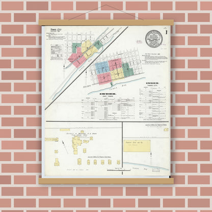 Old map wall art mockup — magnetic wood frame on brick wall — Sanborn Fire Insurance Map from East Tawas, Iosco County, Michigan (1910) - Complete Map Set