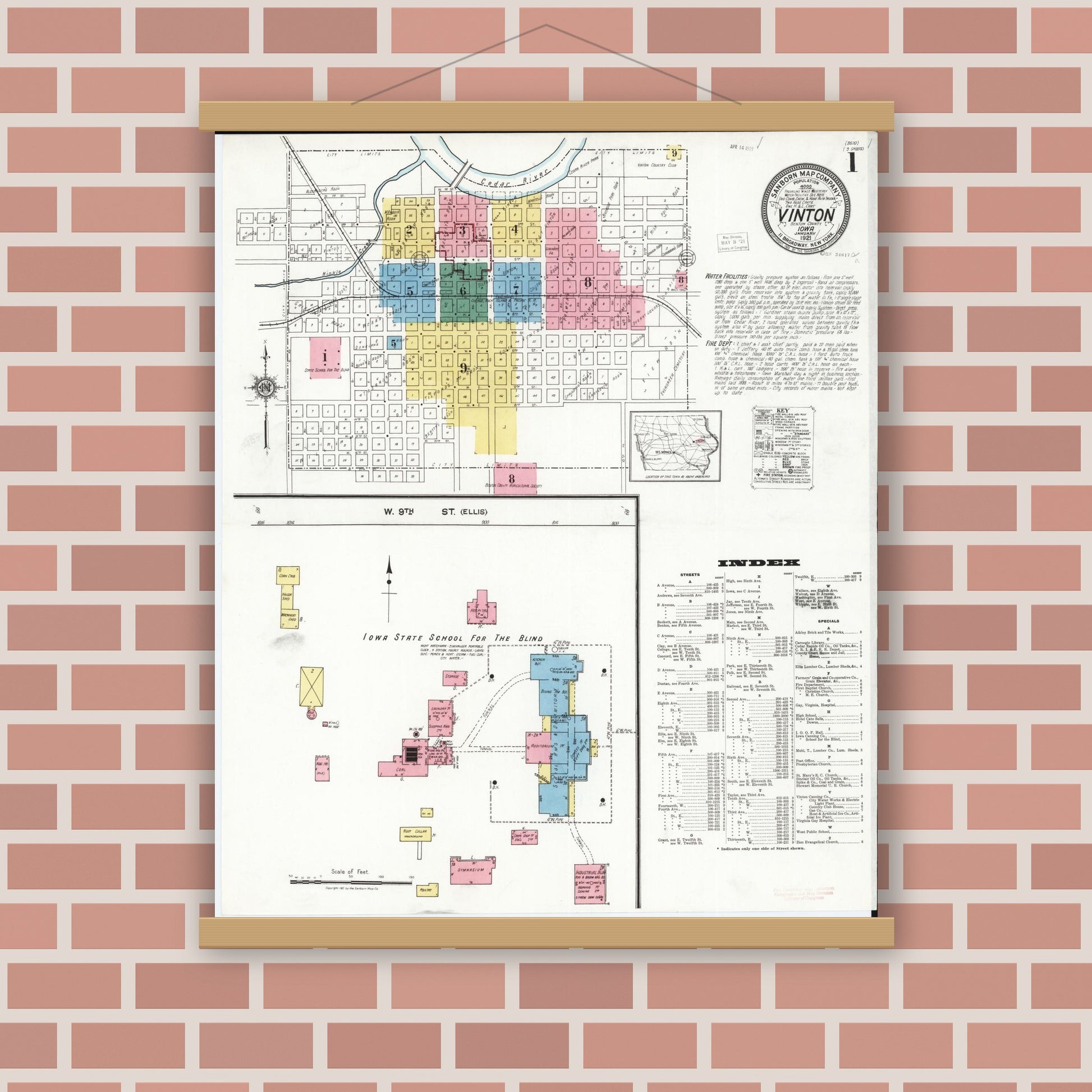 Old map wall art mockup — magnetic wood frame on brick wall — Sanborn Fire Insurance Map from Vinton, Benton County, Iowa (1921) â€” Complete Set