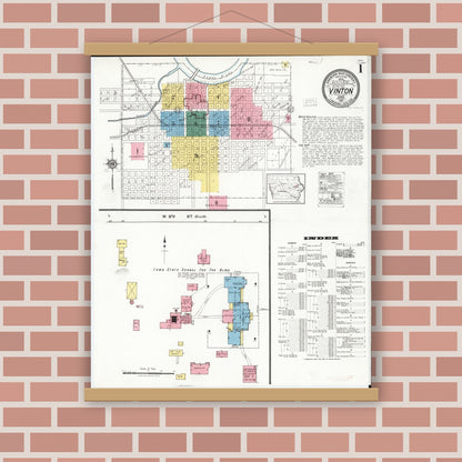 Old map wall art mockup — magnetic wood frame on brick wall — Sanborn Fire Insurance Map from Vinton, Benton County, Iowa (1921) â€” Complete Set