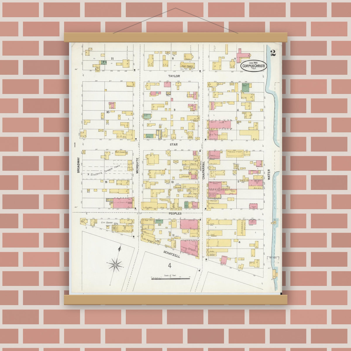 Old map wall art mockup — magnetic wood frame on brick wall — Sanborn Fire Insurance Map from Corpus Christi, Nueces County, Texas (1900), Sheet #0002