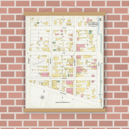 Old map wall art mockup — magnetic wood frame on brick wall — Sanborn Fire Insurance Map from Corpus Christi, Nueces County, Texas (1900), Sheet #0002